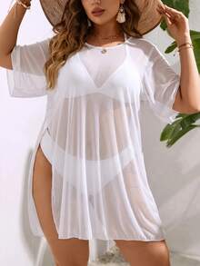 Swim Lushoire Plus Size Women Solid Color Round Neck Casual Holiday Cover-Up Dress Beach Summer - White - View 4
