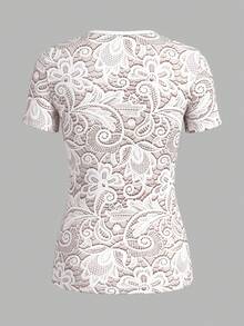 INAWLY 女款蕾絲印花鏤空設計短袖修身時尚T恤 - 白色 - 查看 2