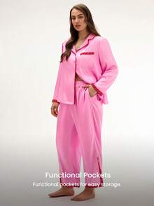 LUVLETTE Ensemble de pyjama et tenue d'intérieur grande taille pour femme, sexy, en satin soyeux luxueux avec bordure en dentelle, boutonné, long, rose aéré, lingerie pour la Saint-Valentin - Rose bonbon - Voir 7