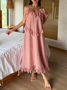 DAZY Women's Solid Color Lace Patchwork Cami Nightgown Summer - Orange - View 5
