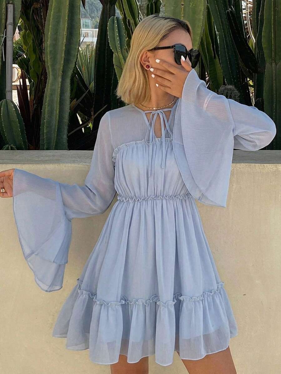DAZY V-Neck Ruffle Semi-Sheer Long Sleeve Short Dress Summer Outfit Women's Nightgown Pajamas - Blue - View 1