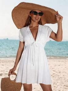 Swim Vcay Women's Summer Beach Bohemian Style V-Neck Large Ruffle Batwing Sleeve Elastic Waist Tie Vacation Cover-Up Dress - White - View 6