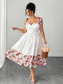 SHEIN Clasi Plus Size Women's Summer Chiffon Vintage Fairycore Celestial Cottage Core Rose Print Spaghetti Strap Tie-Waist Fit Flare Dress Red And White - Multicolor - View 1