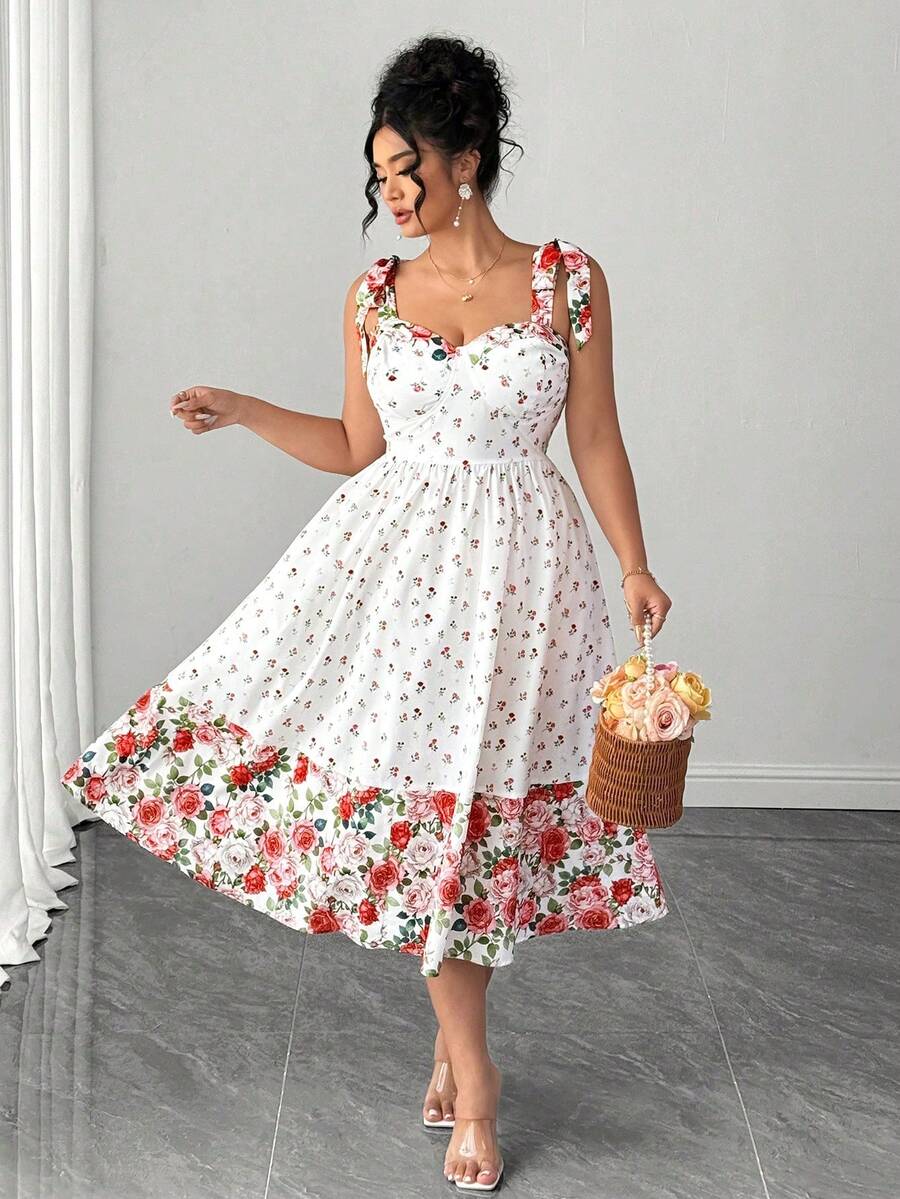 SHEIN Clasi Plus Size Women's Summer Chiffon Vintage Fairycore Celestial Cottage Core Rose Print Spaghetti Strap Tie-Waist Fit Flare Dress Red And White - Multicolor - View 1