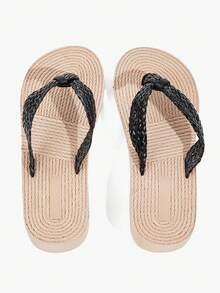 Grefit Damen Flip-Flops, strohgewebte Keilabsatz-Plateau-Pantoletten, Bohemian-Stil gewebte Lässig-Pantoletten, und bequeme Strand-Urlaubssandalen - Schwarz - Übersicht 5