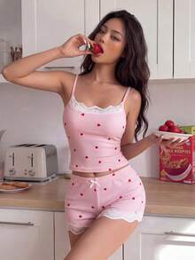 ZzzCrew Pink Small Heart Print Lace Trim Slim Fit Women's Loungewear Pajama Set (2 Pieces) - Pink - View 1