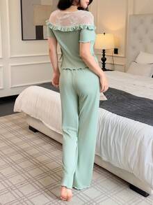SHEIN 女士法式露肩蕾丝拼布短袖上衣和长裤睡衣套装 - 綠色 - 查看 2