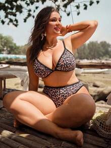 Slaydiva Set Bikini Wanita 2 Potong Motif Leopard Acak dengan Trim Hitam, Ukuran Plus Musim Semi/Panas Terbaru 2026, Cocok untuk Pantai dan Liburan Musim Panas - MultiWarna - View 1