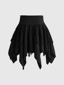 ROMWE Women's Waist Corn Contrast Lace Asymmetric Hem Lace-Up Mini Skirt Bar Party Night Out Black Summer Goth Punk - Black - View 2