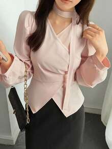 DAZY Solid Color Fitted Ruched Long Sleeve Elegant Formal Spring Autumn Women's Blouse Summer School - Pink - View 2