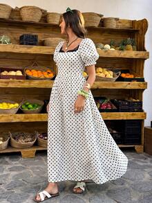 Flora Isola Flora Isola Women's Sexy Black Lace Trim Neckline Polka Dot Pattern Puff Sleeve Long Dress, Polka Dot Dress, Vacation Dress, Apricot Dress, Elegant Dress - Apricot - View 6
