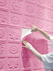 10pcs 3D XPE Foam Material Retro Romantic Embossed Flower Pattern Wall Paper, Anti-Collision Foam Wall Stickers, Colorful, Easy-To-Clean, Self-Adhesive Crashproof Wall Sticker - pink - View 2