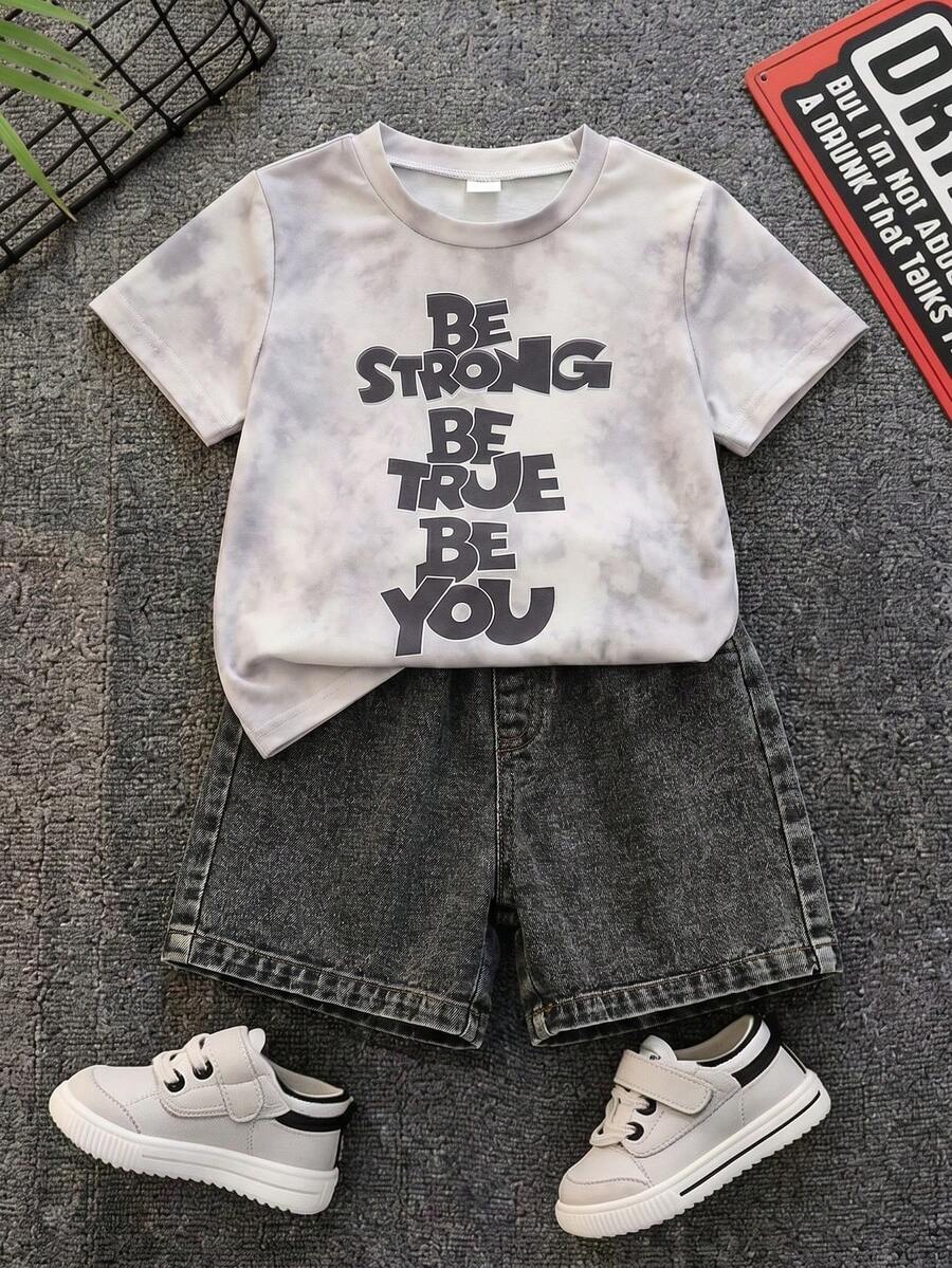 SHEIN 兒童小男孩/小女孩 2件組 春夏時尚休閒紮染短袖T恤與牛仔短褲套裝,小男孩夏季服飾套裝,柔軟牛仔牛仔褲 - 黑色 - 查看 1
