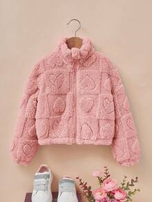 SHEIN 女童小女孩休閒舒適立領素色可愛人造毛秋季夾克返校冬季外套 - 粉色 - 查看 4