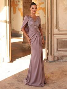 Aureia Vestido Elegante com Renda Bordada & Patchwork de Lantejoulas, Manga de Babado Elástica de Cetim, Bainha Sereia, Azul Acinzentado, Inverno, Elegante, Formal, Noite, Casamento Formal - Rosa empoeirado - Visão 9