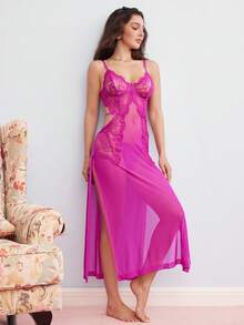 Elorette Set Pakaian Dalam Seksi Wanita Kontras Lace Sheer Plain - Purple - View 6