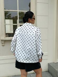 Muchica Plus Size Women's Polka Dot Pattern Frog Button Design Lightweight Jacket - Black and White - View 2