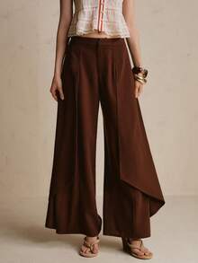CielaLinda Women's Flowy Low-Rise Wide Leg Pants With Pockets Brunch Tea Party Dark Brown Autumn Elegant - Brown - View 3