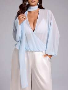 Viva Relle Damen Große Größen einfarbige Überlappung V-Ausschnitt Langarm sexy Chiffon Bluse - Blau - Übersicht 2