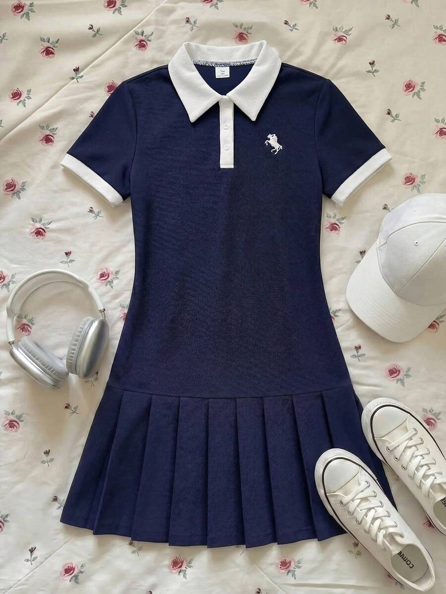 SHEIN Teen Girls Navy Blue Polo Collar Embroidered Pleated Hem Casual Dress, School Uniform Style - Multicolor - View 1