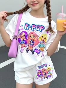 Kleine Mädchen Lässig Minimalistisch, K-Pop Superstars, Cartoon Mädchen Gruppe Druckmuster, Cremeweiß Kurzarm T-Shirt und Shorts 2-teiliges Set geeignet für den Sommer - Verschiedenfarbig - Übersicht 2