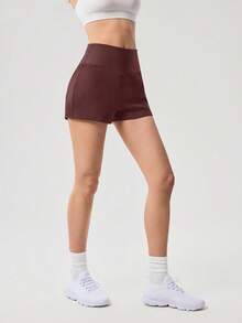 OutZeal Gym Shorts Women Sports Shorts Solid Color Yoga Casual Fitness Soft Model Ribbed High Waist Active Bottoms Summer Spring - Brown - View 9