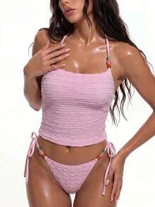 ROMWE Street Life Conjunto de bikini de dos piezas para mujer, color rosa claro liso, estilo casual sexy tropical para vacaciones de verano y fiesta en la playa, con top de tirantes finos tipo tank top, lazos y cuentas texturizadas - Rosa - Ver 5