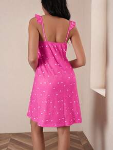 SHEIN 女款甜美愛心印花飄逸袖 A 字版型細肩帶睡裙 - 玫紅色 - 查看 2