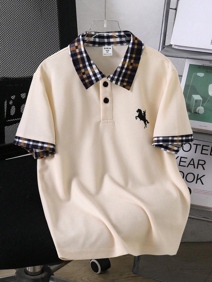 SHEIN Casuvi Kids 青少年男孩夏季休閒格紋拼接 Polo 衫 - 彩色 - 查看 1