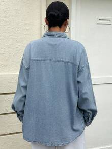 Dazy Plus Washed Distressed Denim Shirt With Collar And Buttons, Loose Casual Street Style Long Sleeve Plus Size Women Spring Summer Autumn - Light Wash - View 8