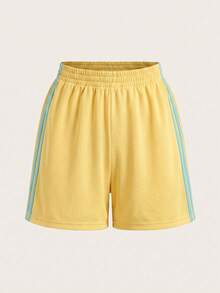 Comfortcana Plus Size Fashion Striped Side Color Block Casual Shorts - Yellow - View 4