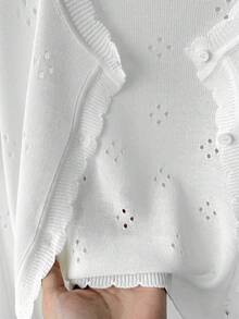 SHEIN Tween女孩白色提花針織休閒開襟針織衫 - 白色 - 查看 4