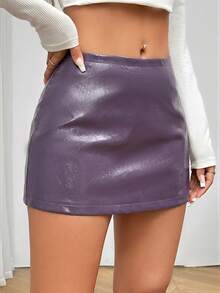 SHEIN PETITE 修身低腰迷你皮裙，秋季，小碼女款 - 紫色 - 查看 5