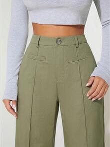 SHEIN PETITE 高腰寬腿夏季長褲 100%純棉，適合嬌小女性 - 軍綠色 - 查看 5