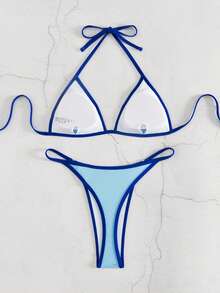 Costavie Women's Summer Beach Colorblock Halter Tie Sexy Fashion Bikini Two-Piece Swimsuit Set - Blue - View 2