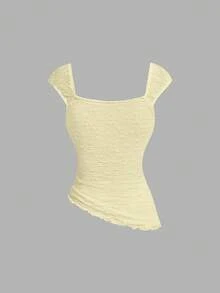 SHEIN MOD 女款夏季優雅純色不對稱下擺背心上衣 - 淡黃色 - 查看 4