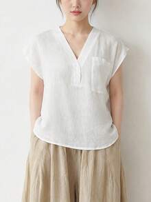 SHEIN 女款亞麻苧麻舒適寬鬆V領襯衫，夏季新款，鈕扣細節，常規長度上衣，度假全白休閒風 - 白色 - 查看 3