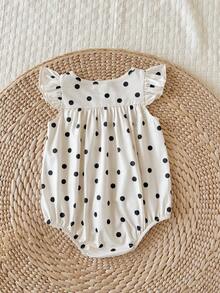 SHEIN LMoss Kids 新生女嬰可愛夏季休閒波點圖案荷葉袖連身衣 - 米色 - 查看 6