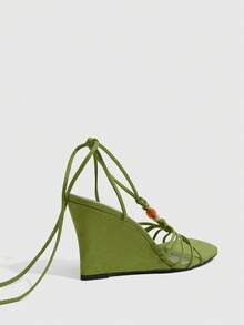 CUCCOO SZL Ladies Fashion Elegant Party, Thick Heel Wedge, Square Toe Kink, Lace-Up Beaded Sandals - Green - View 4