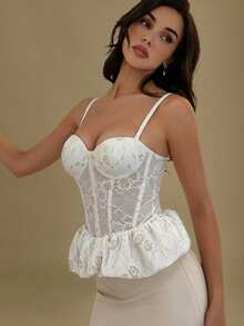 Glamine Sexy Elegant Lace Patchwork Underwire Corset Top With Peplum Hem Tie Waist Party Night Out Date Night White And Gold Summer Wedding - White - View 4