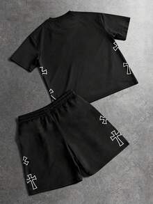 Manfinity EMRG 男士黑色2件式運動套裝，復古Y2K暗黑哥德街頭風白色線條十字印花短袖上衣與抽繩短褲，夏季休閒度假音樂節演唱會夜店派對健身套裝 - 彩色 - 查看 5