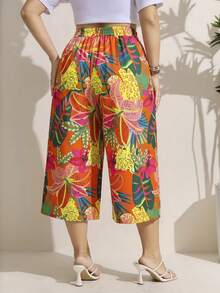 Comfylo Pantalones de pierna ancha con cintura de cordón y estampado de plantas tropicales florales talla grande 7/10 - Multicolor - Ver 2