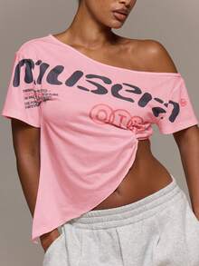 MUSERA Camiseta con hombros descubiertos, estampado gráfico, cintura fruncida, dobladillo triangular lateral, linda, para uso diario, descanso, aeropuerto, vacaciones, verano, altitud - Rosa - Ver 6