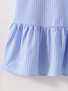 SHEIN 兒童青少年女孩 Polo 領條紋刺繡圖案短袖中長洋裝，對比色荷葉領花瓣袖印花洋裝，適合學校、戶外活動、購物，鈕扣洋裝 - 藍色 - 查看 5