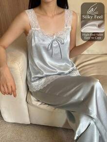 DAZY 2pcs Lace Patchwork Solid Color V-Neck Loose Satin Long Sleeve Pants Pajama Set For Women, Autumn/Winter - Light Grey - View 1