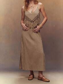 Fembélia Women's Casual Boho Vacation Long Dress With Tassel Decor And Spaghetti Straps Khaki Summer - Khaki - View 5