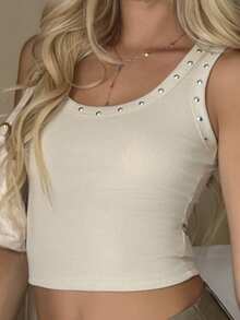 Theaadoraa Women's Fashion Street Style Rivet Slim Fit Round Neck Camisole, Summer Casual - Apricot - View 3