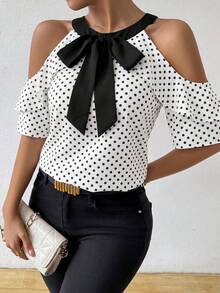 SHEIN 女款波點印花領結露肩掛脖上衣 - 白色 - 查看 2