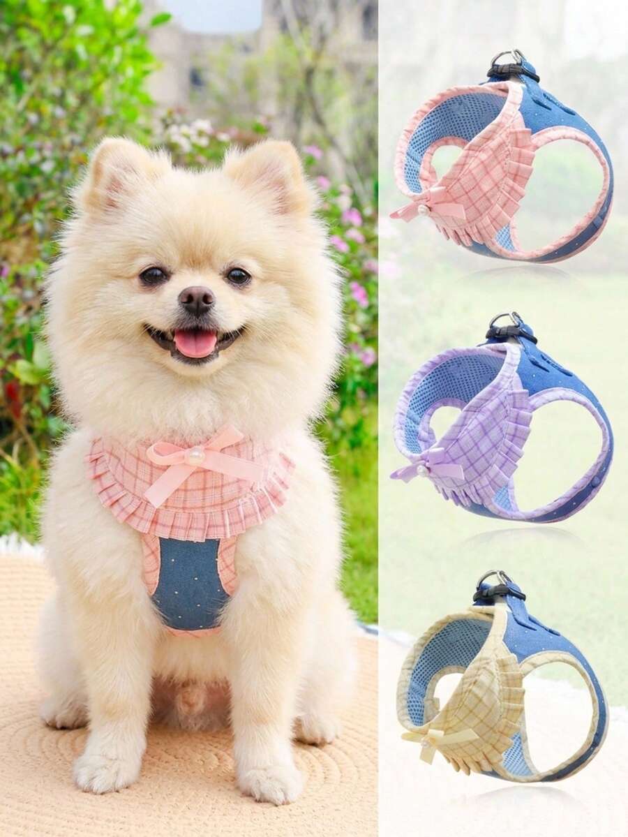 PETSIN 1套可调节背心式狗狗胸背带和牵引绳,可爱宠物胸带,适合小型犬泰迪熊款 - 彩色 - 查看 1