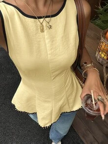 Serisse 女款時尚無袖上衣，飾邊設計，背後打結，優雅浪漫，適合約會、早午餐、度假、夜晚，黑黃配色，夏季款 - 淡黃色 - 查看 8